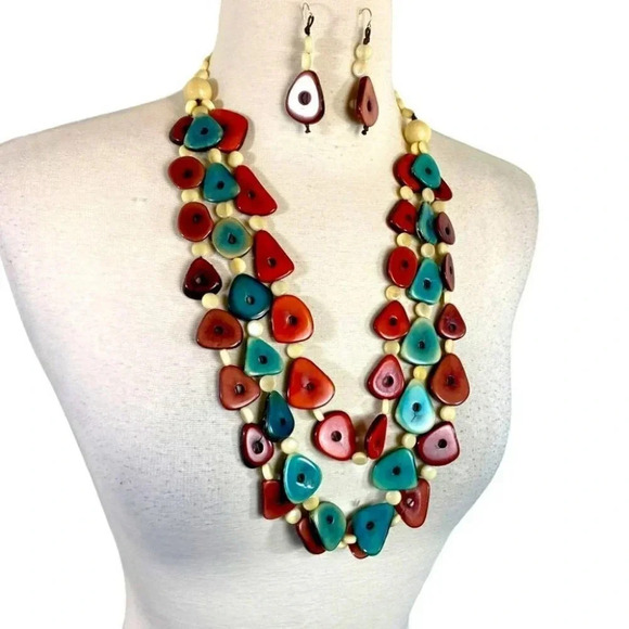 BOHO three strand multicolor necklaces‎ & earrings - Picture 1 of 7